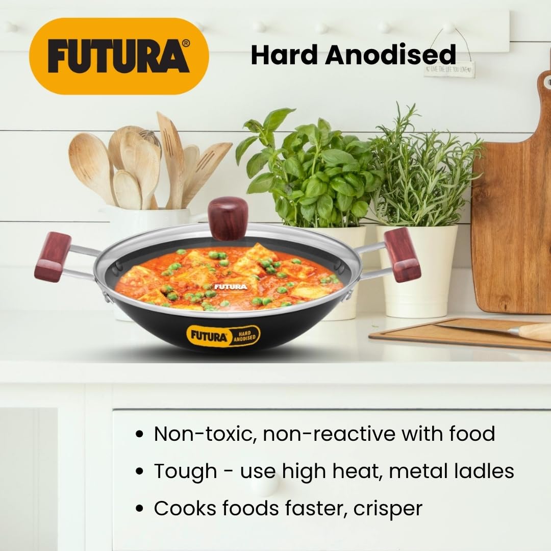 Hawkins Futura 2 Litre Deep Fry Pan, Hard Anodised Kadai with Glass Lid, Flat Bottom Kadhai, Black (AD20G)