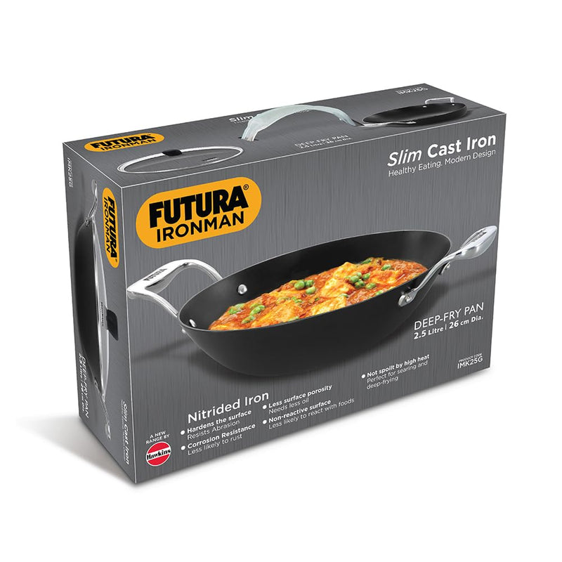 Hawkins Futura Ironman Slim Cast Iron 2.5 Litre Kadhai with Glass Lid | Lightweight, Durable & Even-Heating Deep-Fry Pan | Kadai Ideal for curries, Frying, Gravies, Snacks | Black (IMK25G)