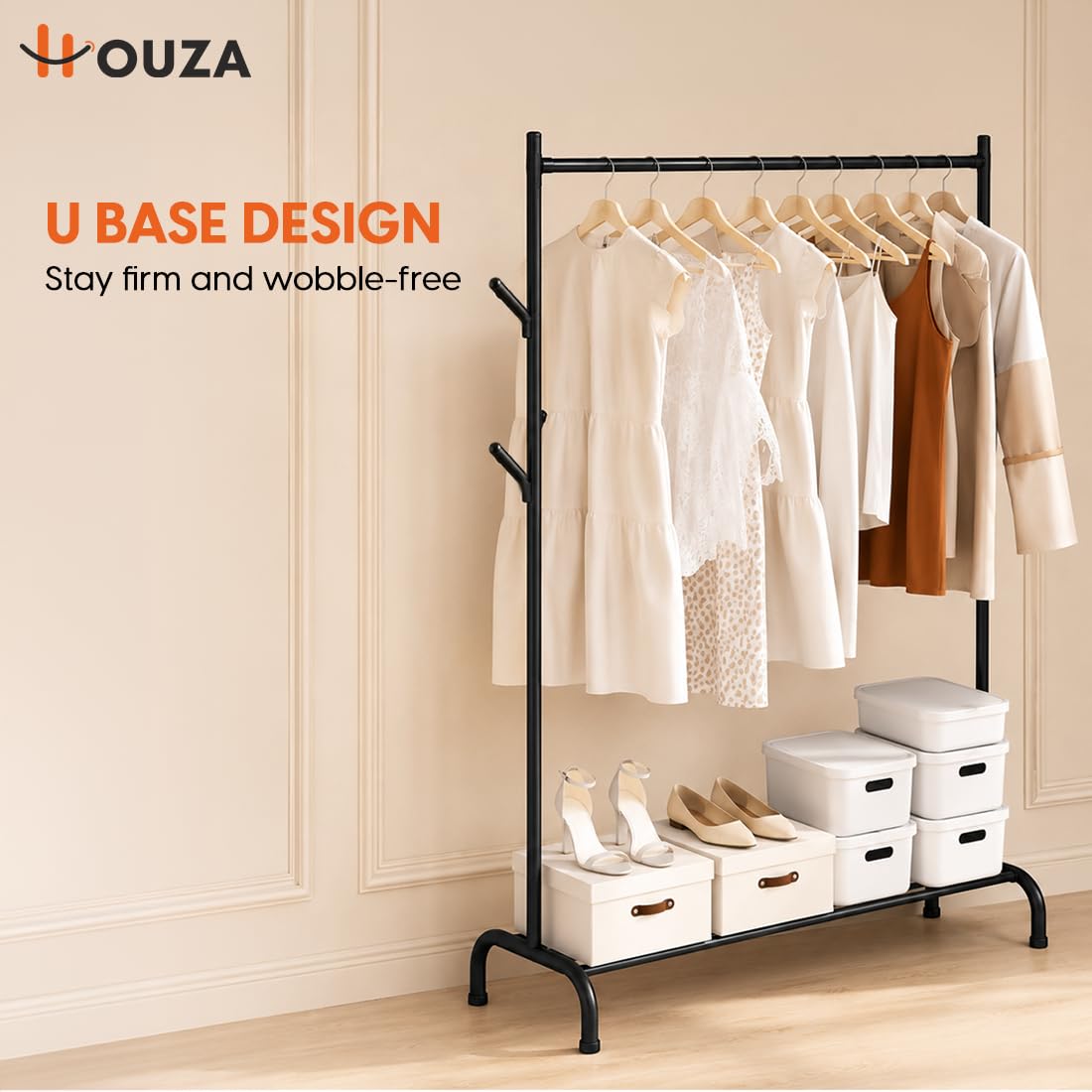 HOUZA Heavy-Duty Garment Stand Cloth Rack with Bottom Storage Shelf & 4 Side Hooks | Freestanding Clothes Hanging Stand, Rack for Clothes Storage & Cloth Rack for Bedroom & Entryway (Black)