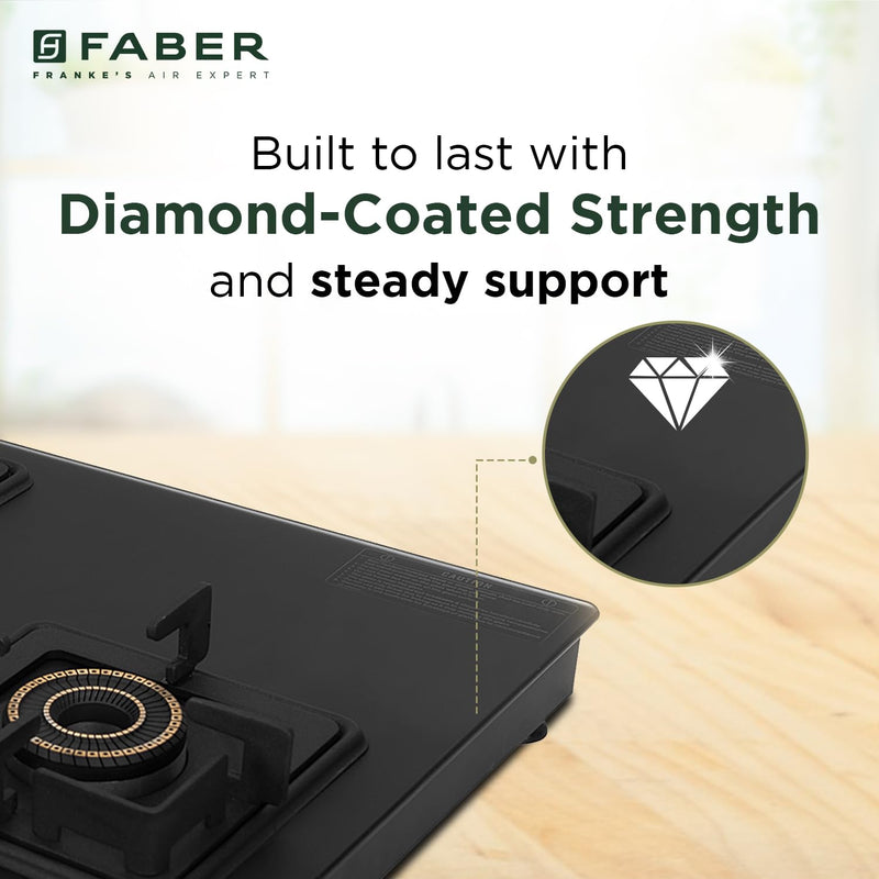 Faber 3 Burner 77Cm Cooktop |Auto Ignition| |Metal Knobs| MS Diamond Coated Pan Support | Matt Black Glass Finish |5 Yrs