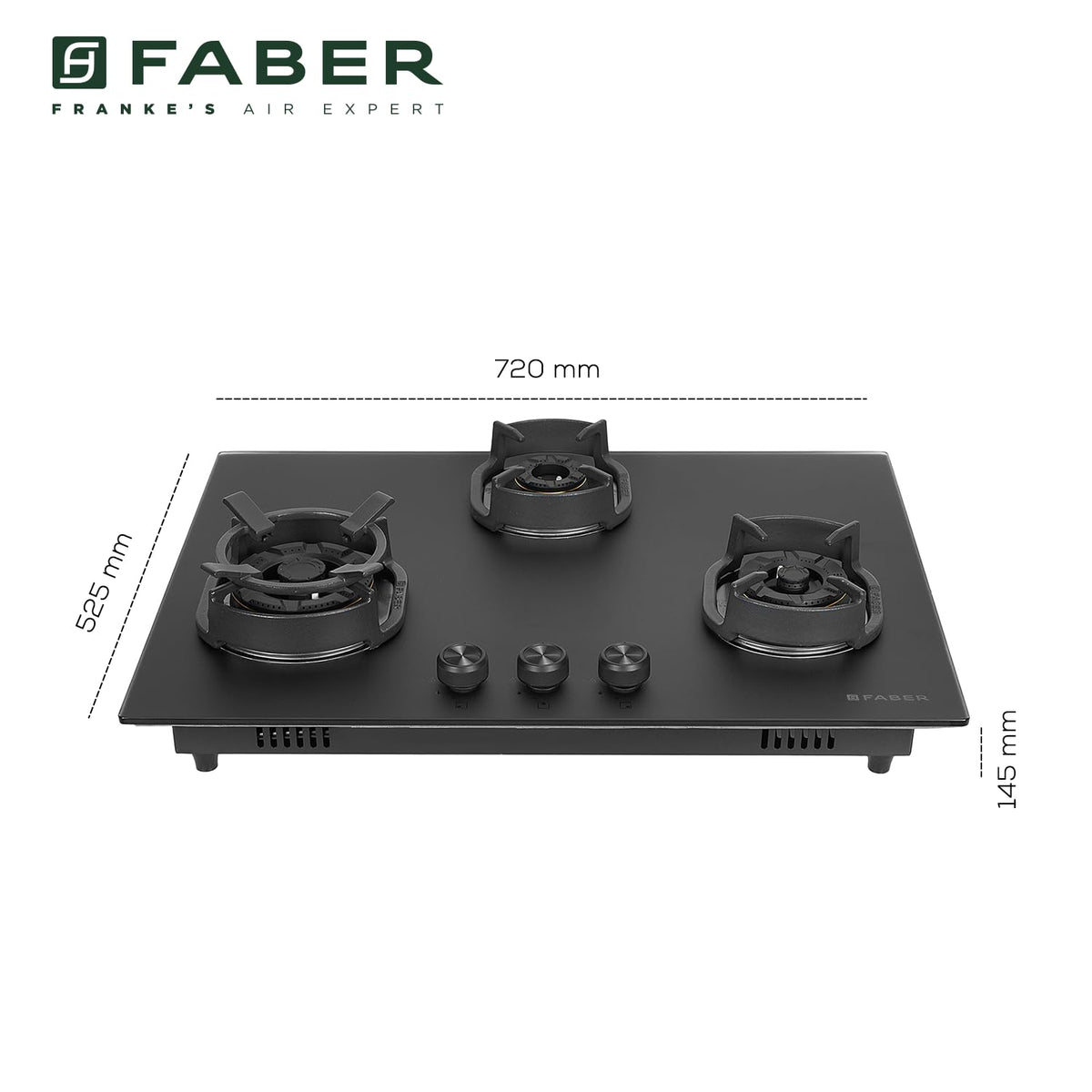 Faber Della 3 Burner 72Cm Hob |Auto Ignition|Brass Burner| Cast Iron Pan Support |Hob/Cooktop Hybrid| Matt Black Glass F