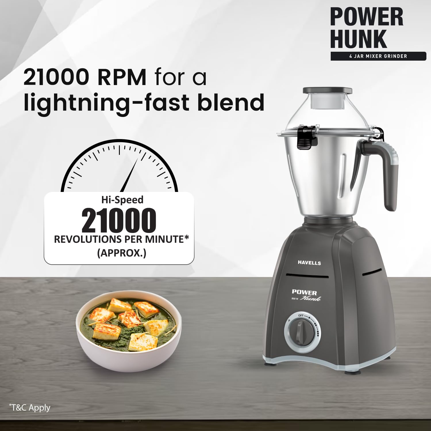 Havells Power Hunk (4 Jar) 800 watt Mixer Grinder with 3 Wider mouth Stainless Steel Jar, Hands Free operation, SS-304 Grade Blade & 7 year motor warranty (Grey)