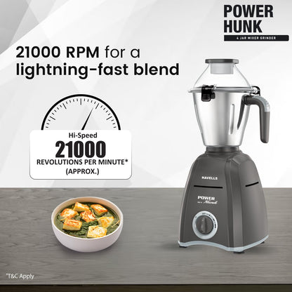 Havells Power Hunk (4 Jar) 800 watt Mixer Grinder with 3 Wider mouth Stainless Steel Jar, Hands Free operation, SS-304 Grade Blade & 7 year motor warranty (Grey)