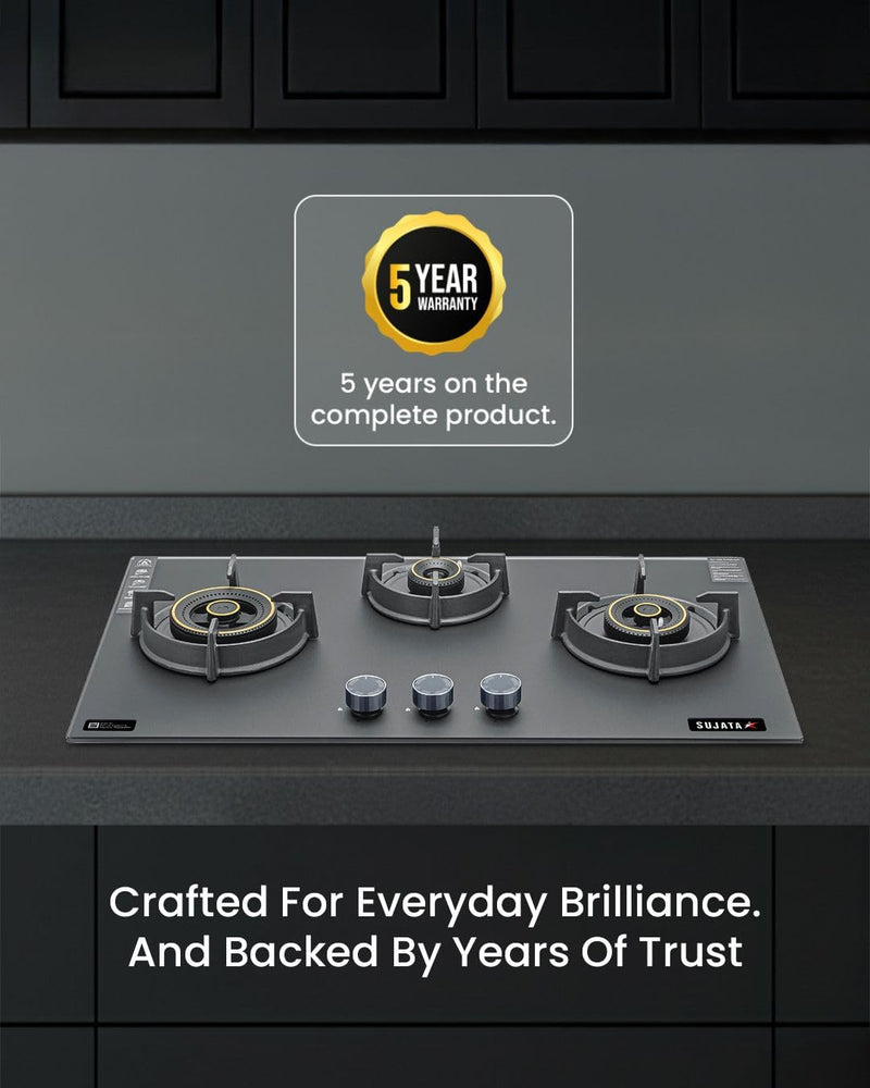 Sujata 3 Burner Gas Stove Glass Top | 5 Years Warranty | Auto Ignition Gas Stove 3 Burner, CookTop cum Hob Top 3 Burners, LPG & PNG Compatible, Brass Burner (Palladium FFD Auto Ignition - Black)