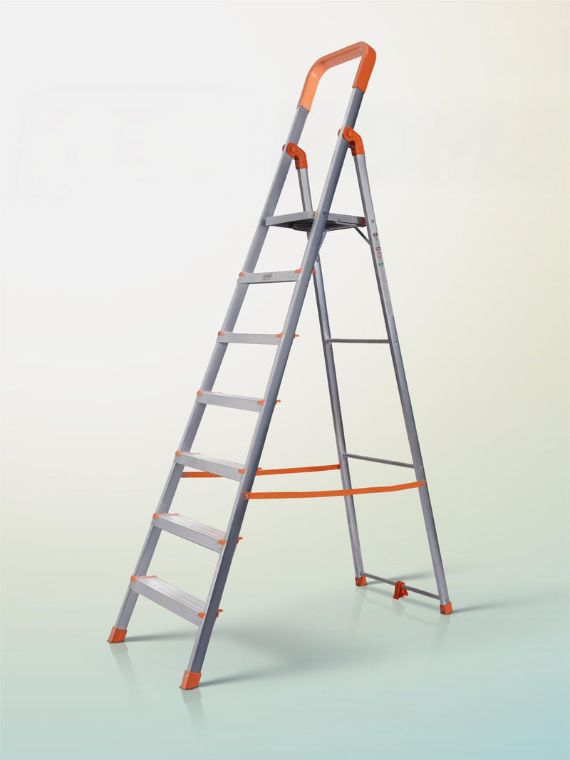 HOUZA Aluminium Ladder for Home 8 Steps Foldable with Anti-Skid Wide Steps | Multi-Purpose Heavy Duty Ladder, Kitchen & Household | 250 Kg Load Capacity | 5 Year Warranty (Orange)