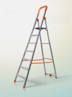 HOUZA Aluminium Ladder for Home 4 Steps Foldable with Railing & Anti-Skid Wide Steps | Multi-Purpose Heavy Duty Ladder, Kitchen & Household | 250 Kg Load Capacity | 5 Year Warranty (Orange)