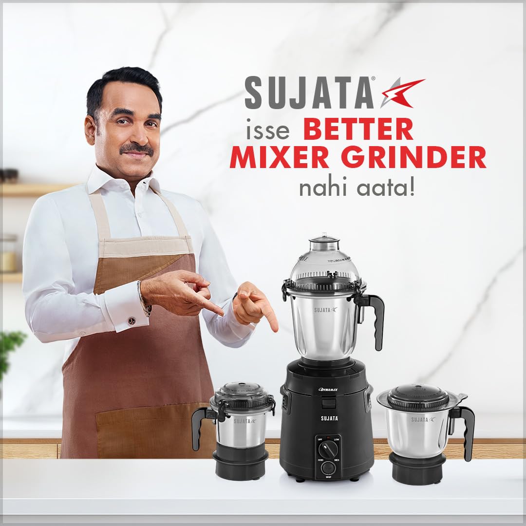 Sujata Dynamix Mixer Grinder|900 Watts Double Ball Bearing Motor|22000 RPM|Non-Stop 90 Mins Running|3 Food Grade Steel Jars - 1500ml Multipurpose, 1000ml Grinder, 500ml Chutney Jar|Black