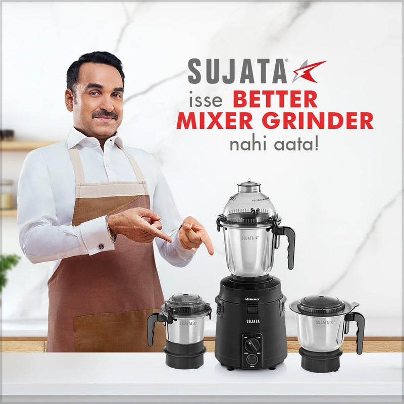 Sujata Dynamix Mixer Grinder|900 Watts Double Ball Bearing Motor|22000 RPM|Non-Stop 90 Mins Running|3 Food Grade Steel Jars - 1500ml Multipurpose, 1000ml Grinder, 500ml Chutney Jar|Black