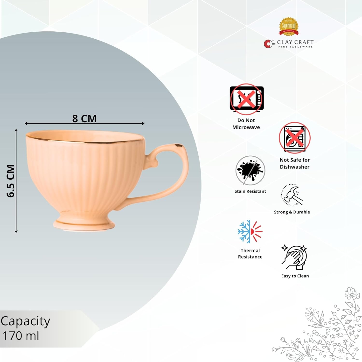Clay Craft Fine Ceramic Julie Impression Cup & Saucer Set of 12 (6 Cups+6 Saucers)- 170 Ml Each- Elegant Design for Home and Kitchen and Can Be Gifted to Your Loved Ones On Any Occassions (Pink 1401)