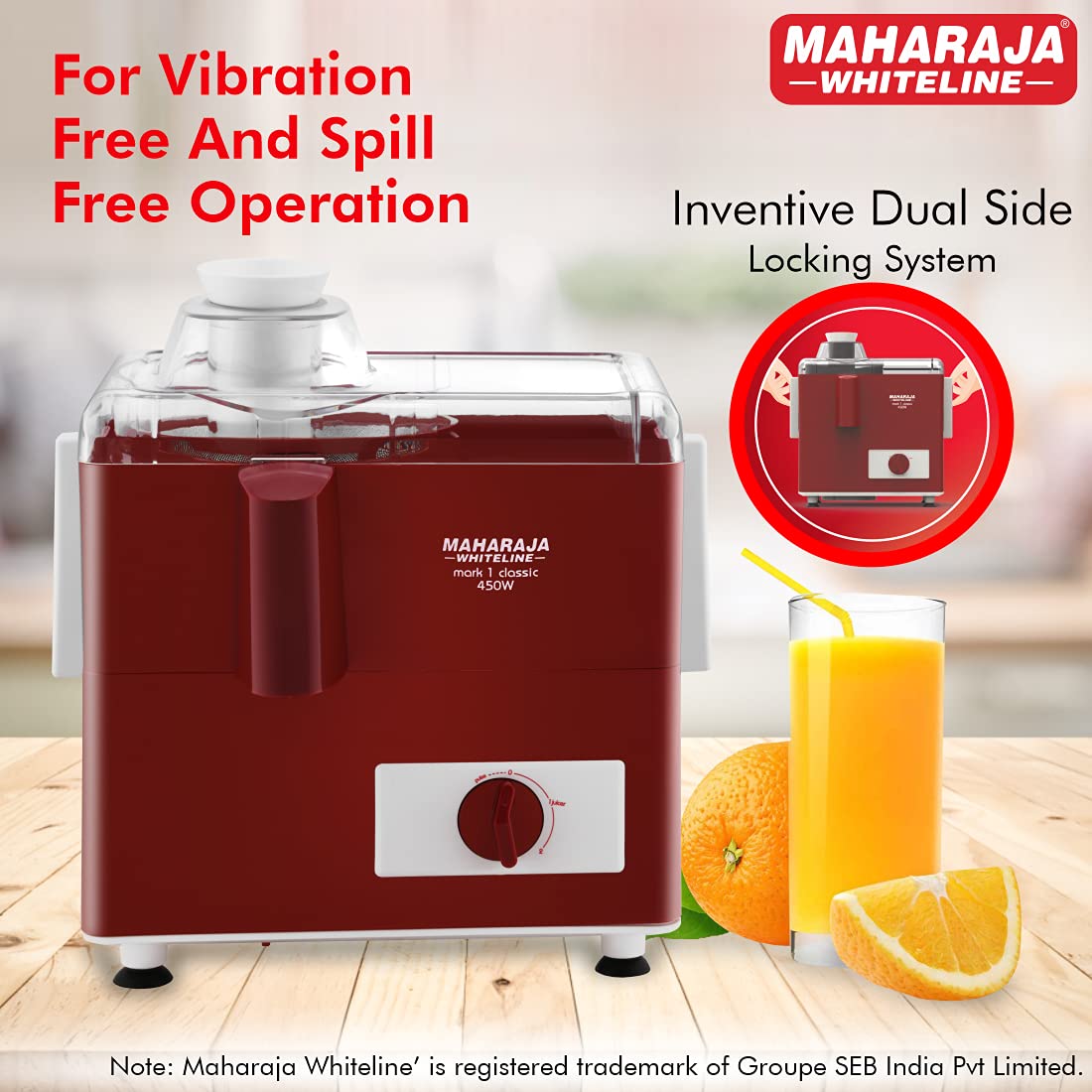 Maharaja Whiteline Mark 1 Classic Juice Extractor, 450 Watt, Cherry Red & White, Superior Stainless Steel Mesh And Juice Cutter, Medium (Mark-1 Classic/Je-106), 450 Watt