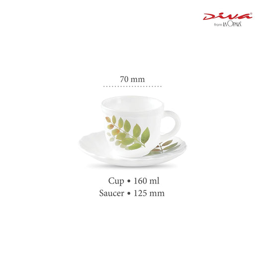 La Opala Diva, Opal Glass Crockery | Cup & Saucer Tulip Regular, Set of 12 | Autumn Shadow, 160 ml | for Tea & Coffee | Microwave Safe | 100% Vegetarian | Extra Strong | Super Light | Super White