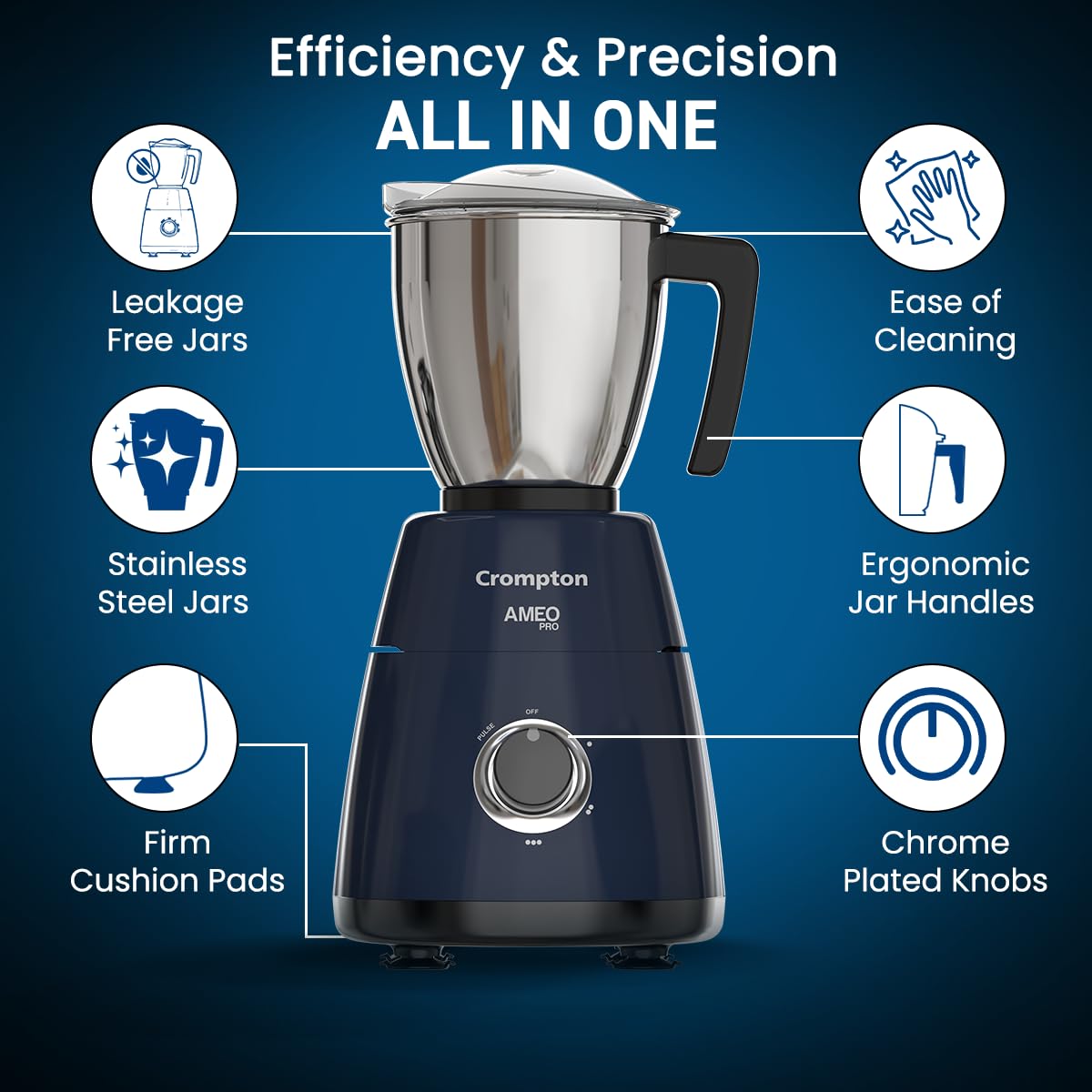 Crompton Ameo Pro 750W 3 Jar | Mixer Grinder | MaxiGrind | Motor Vent-X Technology |3 Stainless Steel Jars and 1 Juicer Jar | Black & Blue