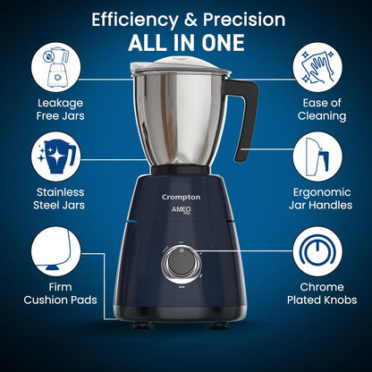 Crompton Ameo Pro 750W 3 Jar | Mixer Grinder | MaxiGrind | Motor Vent-X Technology |3 Stainless Steel Jars and 1 Juicer Jar | Black & Blue