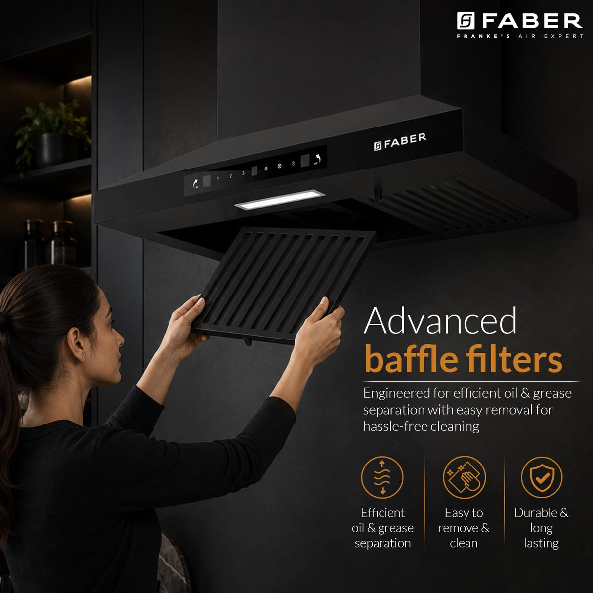 Faber Pluto 60 cm 1000 m³/hr Wall Mounted Kitchen Chimney | Baffle Filter | Touch Control | LED Lights | 1 Year Comprehe