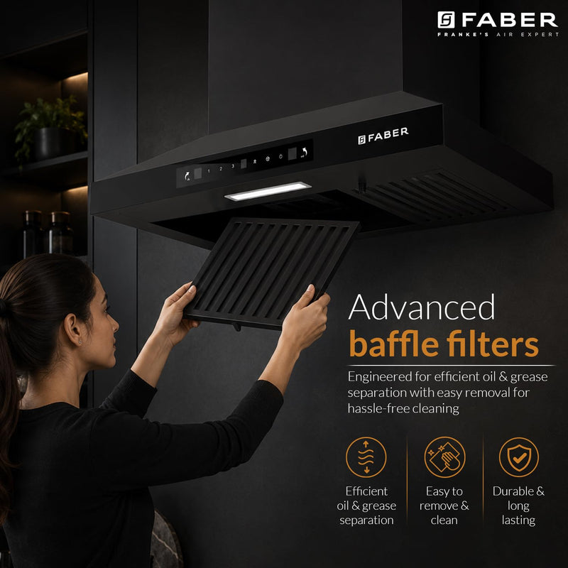 Faber Pluto 60 cm 1000 m³/hr Wall Mounted Kitchen Chimney | Baffle Filter | Touch Control | LED Lights | 1 Year Comprehe