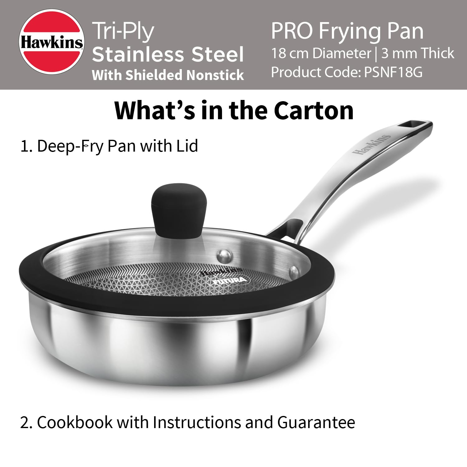 Hawkins Pro 18 cm Shielded Nonstick Triply Frying Pan, Fry Pan with Stainless Steel Handle and Glass Lid, Silver (PSNF18G)