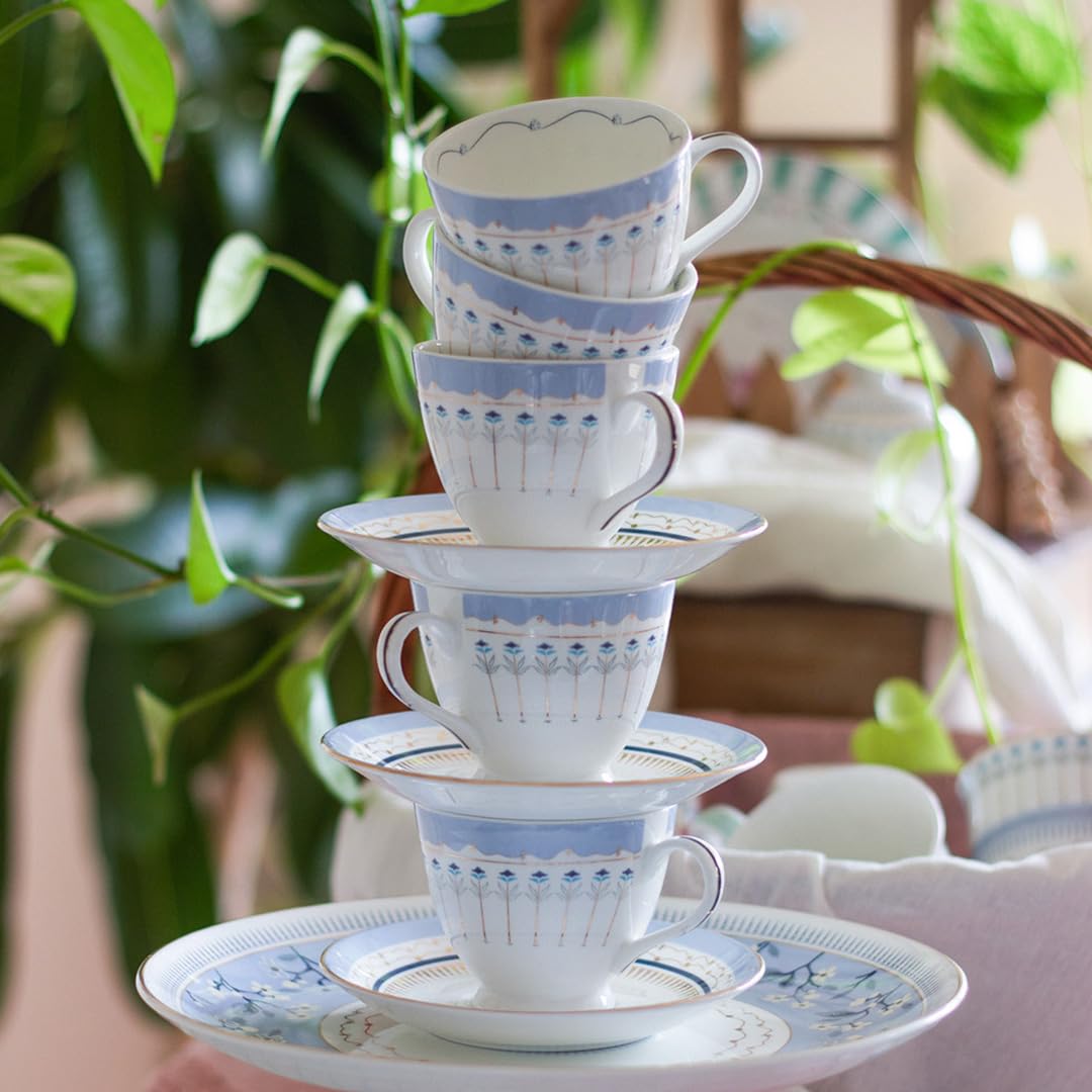 Magique by The Wishing Chair x ClayCraft : Portrait of a Rose Tea Cups & Saucers Set of 6 | 180 ml Fine Ceramic Floral Cups | Elegant Glossy Finish | Ideal for Gifting & Home Use