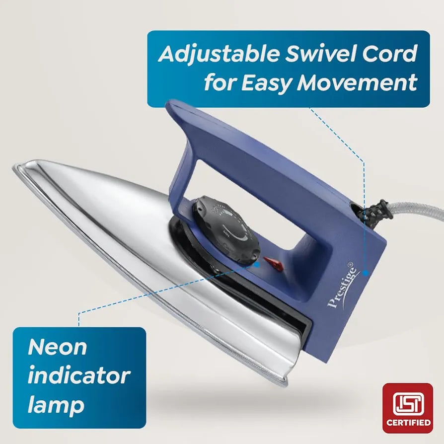 Prestige Magic Cruise 600W Dry Iron|Greblon Non-Stick Coated Sole Plate|Wide Range Of Fabric Interface|Light Weight|Neon Indicator Light|2 Year Warranty|Blue & Silver