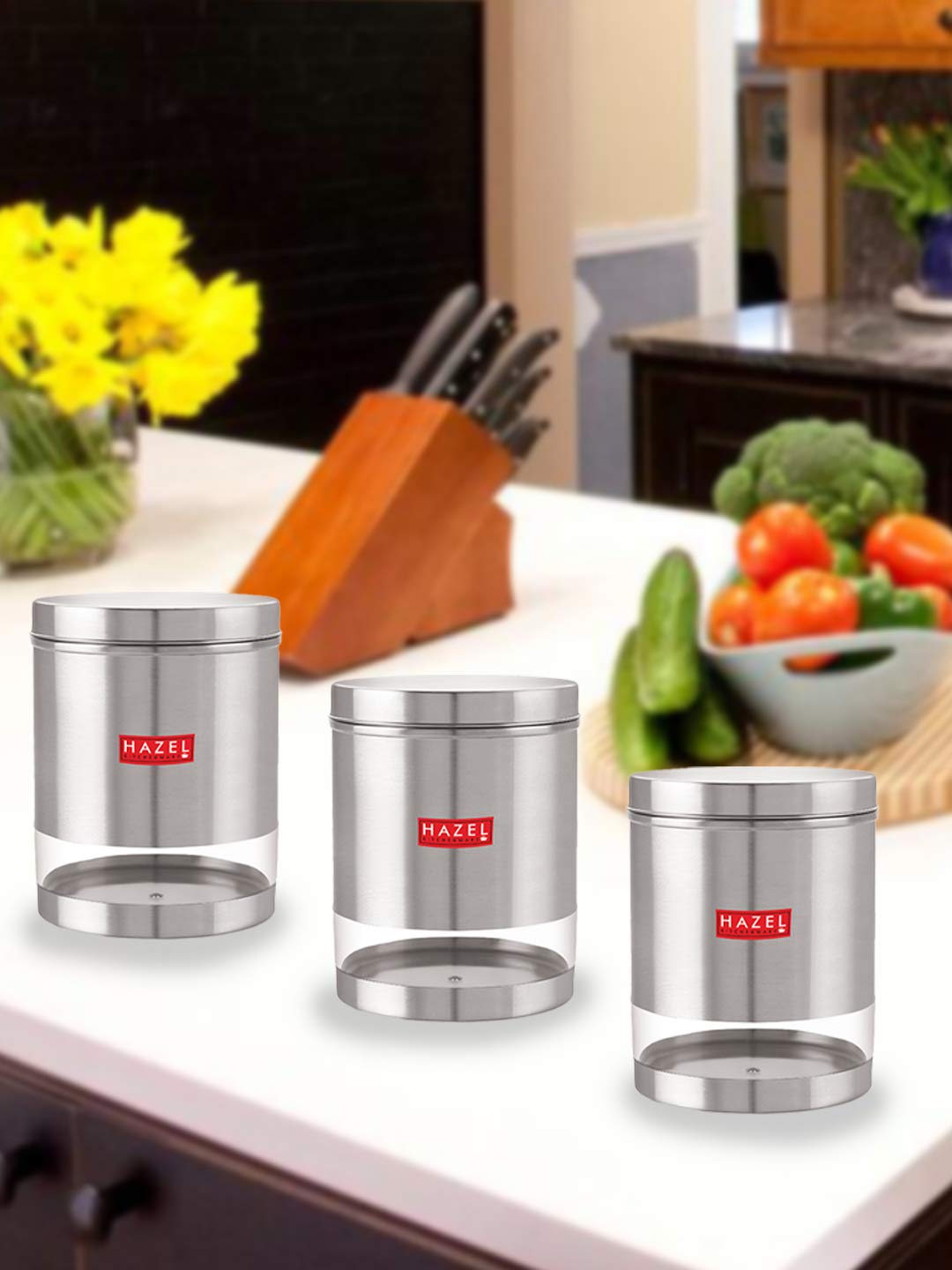 HAZEL Stainless Steel Kitchen Containers| 1 Ltr Each Transparent Kitchen Container Set with Matt Finish | Multipurpose Storage Box for kitchen containers, Set of 6