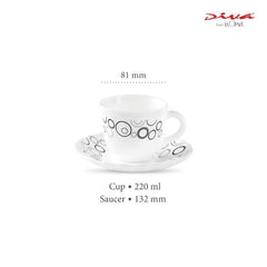 La Opala Diva, Opal Glass Crockery | Cup & Saucer Tulip Large, Set of 12 | Misty Drops, 220 ml | for Tea & Coffee | Microwave Safe | 100% Vegetarian | Extra Strong | Super Light | Super White