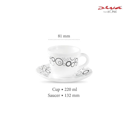 La Opala Diva, Opal Glass Crockery | Cup & Saucer Tulip Large, Set of 12 | Misty Drops, 220 ml | for Tea & Coffee | Microwave Safe | 100% Vegetarian | Extra Strong | Super Light | Super White