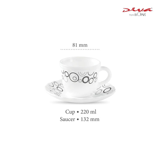 La Opala Diva, Opal Glass Crockery | Cup & Saucer Tulip Large, Set of 12 | Misty Drops, 220 ml | for Tea & Coffee | Microwave Safe | 100% Vegetarian | Extra Strong | Super Light | Super White