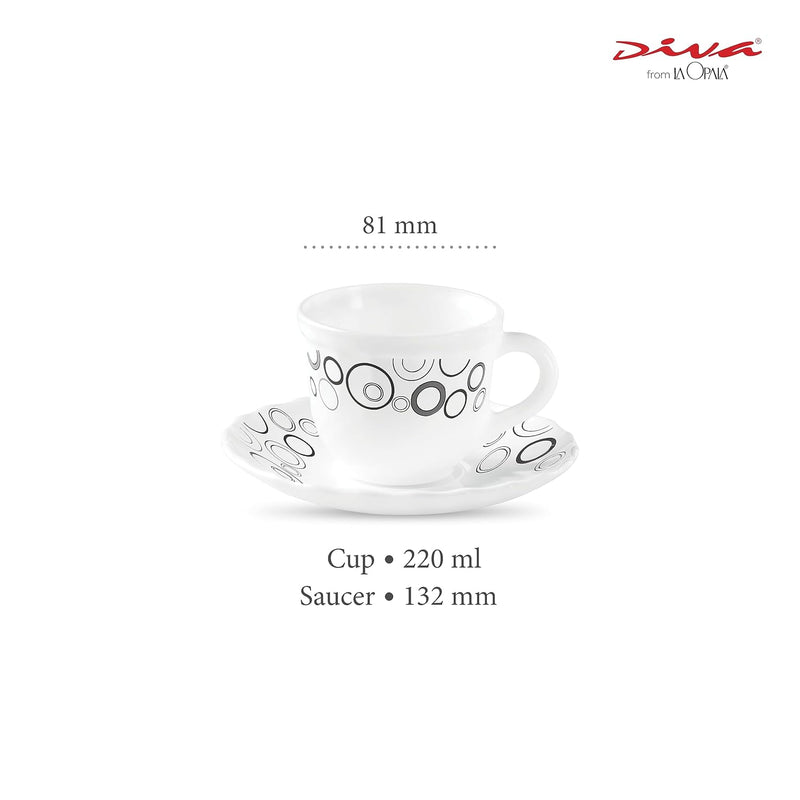 La Opala Diva, Opal Glass Crockery | Cup & Saucer Tulip Large, Set of 12 | Misty Drops, 220 ml | for Tea & Coffee | Microwave Safe | 100% Vegetarian | Extra Strong | Super Light | Super White