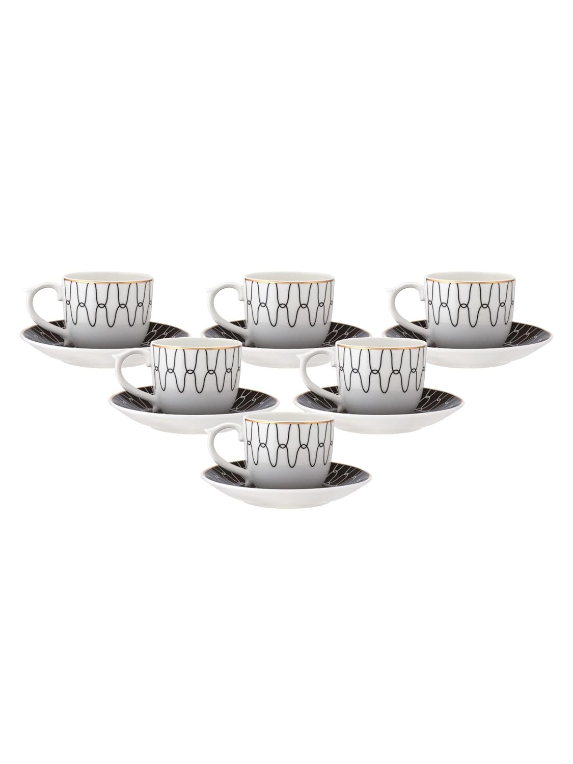 Clay Craft Fine Ceramic Gold Printed Cup & Saucer Set of 12-6 Cups & 6 Saucers - 180 ml Each (MAHARANI Noir N406)