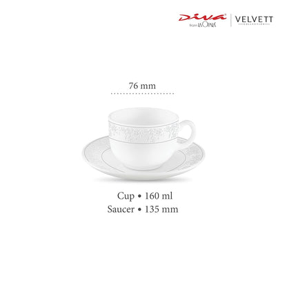 La Opala Diva, Velvett Collection Opal Glass Crockery | Cup & Saucer, Set of 12 | Aria White, 160 ml | for Tea & Coffee | Microwave Safe | 100% Vegetarian | Extra Strong | Super Light | Super White