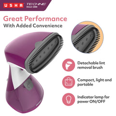 USHA Techne Direct 1000 Garment Steamer- Vertical Steaming, 920 Watts, Up To 21 G/Min (Purple & White)