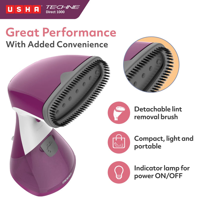 USHA Techne Direct 1000 Garment Steamer- Vertical Steaming, 920 Watts, Up To 21 G/Min (Purple & White)