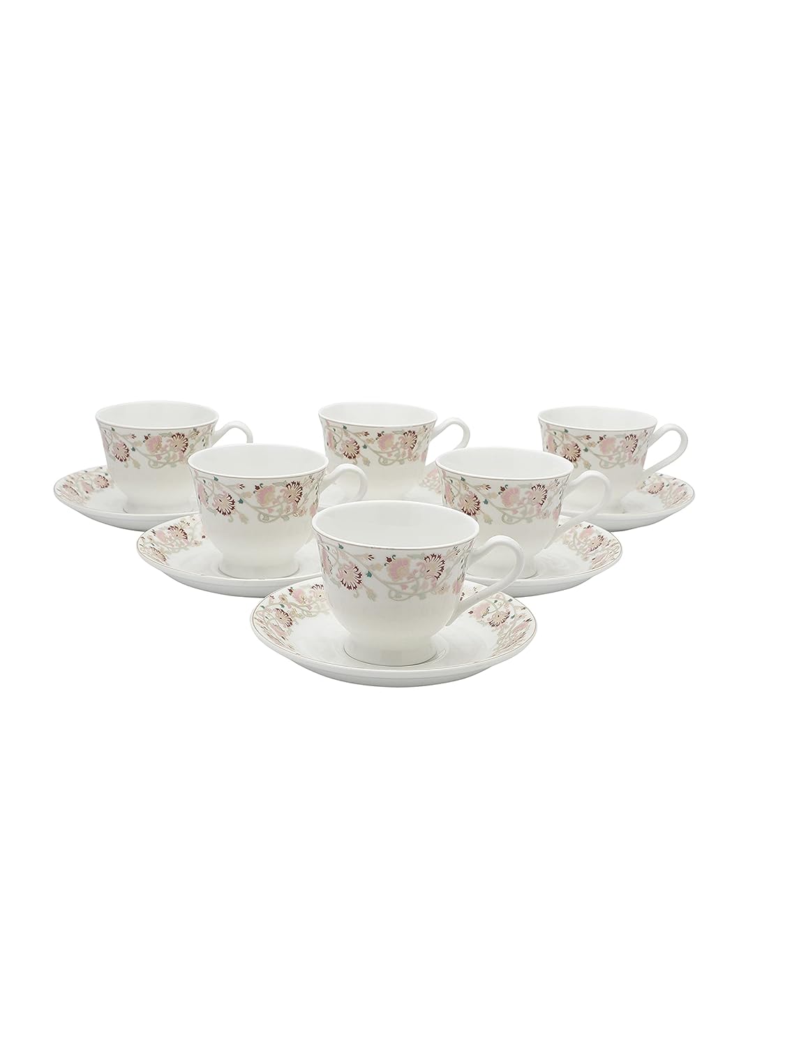 Clay Craft New Georgian Series Fine Ceramic Cup&Saucer Set of 12 (6 Cups+6 Saucers) Red&White Floral Design-Gift to Your Loved Ones On Any Occassions.,Medium (Cc-Cs12-Newgeorgian-S398) 180 Milliliter