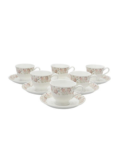 Clay Craft New Georgian Series Fine Ceramic Cup&Saucer Set of 12 (6 Cups+6 Saucers) Red&White Floral Design-Gift to Your Loved Ones On Any Occassions.,Medium (Cc-Cs12-Newgeorgian-S398) 180 Milliliter