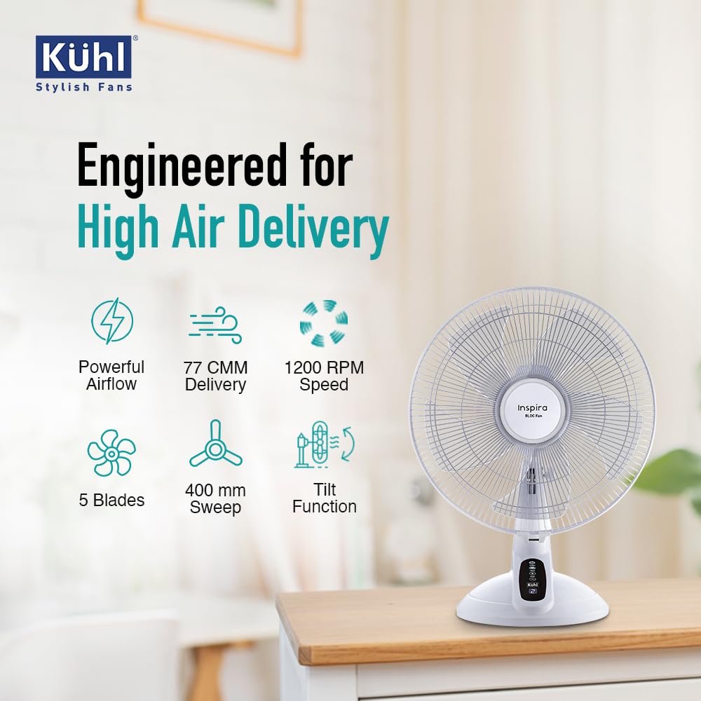 KUHL Inspira T1 400Mm Power Saving BLDC Table Fan With Remote | 28 W | Touch Screen Control Panel With Digital Display | Tilt Mechanism & Swivel Function | Table Fan| High Air Flow & Low Noise,White