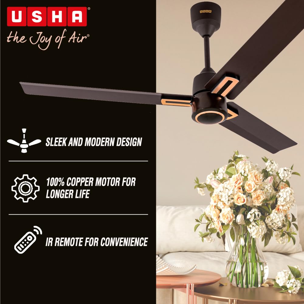 USHA AeroEdge Plus 1200mm BLDC Ceiling Fan with IR Remote | LED Indicator | BEE 5 Star Rated Energy Efficient | 100% Copper Motor | High Air Delivery 220CMM | 2 Year Warranty | (Smoke Brown)