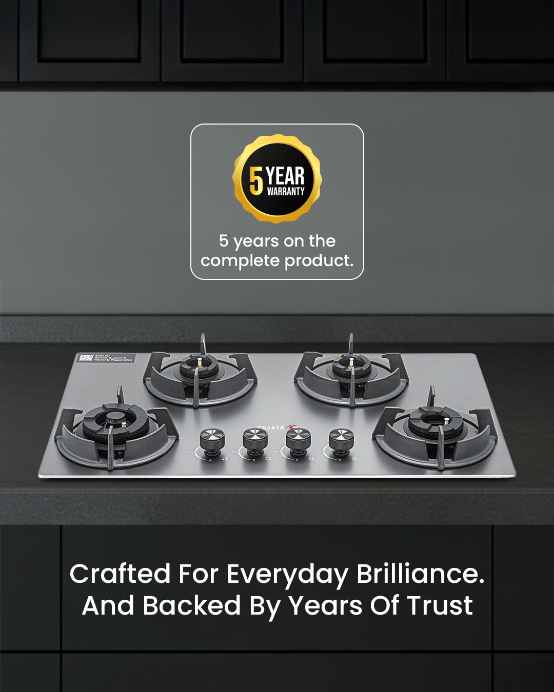 Sujata Gas Stove 4 Burners | 5 Years Warranty | 4 Burner Gas Stove Stainless Steel Auto Ignition, CookTop cum Hob Top, LPG Ready & PNG Compatible, Brass Burner (Osmium - 4 Burner Auto Ignition)
