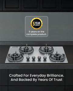 Sujata Gas Stove 4 Burners | 5 Years Warranty | 4 Burner Gas Stove Stainless Steel Auto Ignition, CookTop cum Hob Top, LPG Ready & PNG Compatible, Brass Burner (Osmium - 4 Burner Auto Ignition)