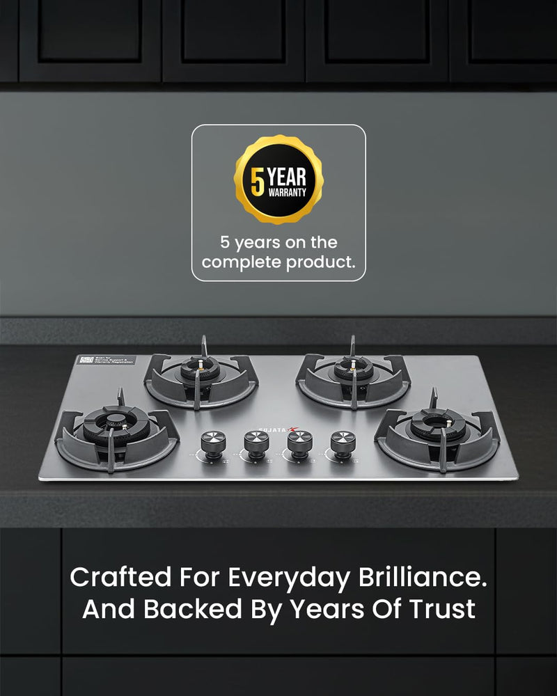 Sujata Gas Stove 4 Burners | 5 Years Warranty | 4 Burner Gas Stove Stainless Steel Auto Ignition, CookTop cum Hob Top, LPG Ready & PNG Compatible, Brass Burner (Osmium - 4 Burner Auto Ignition)