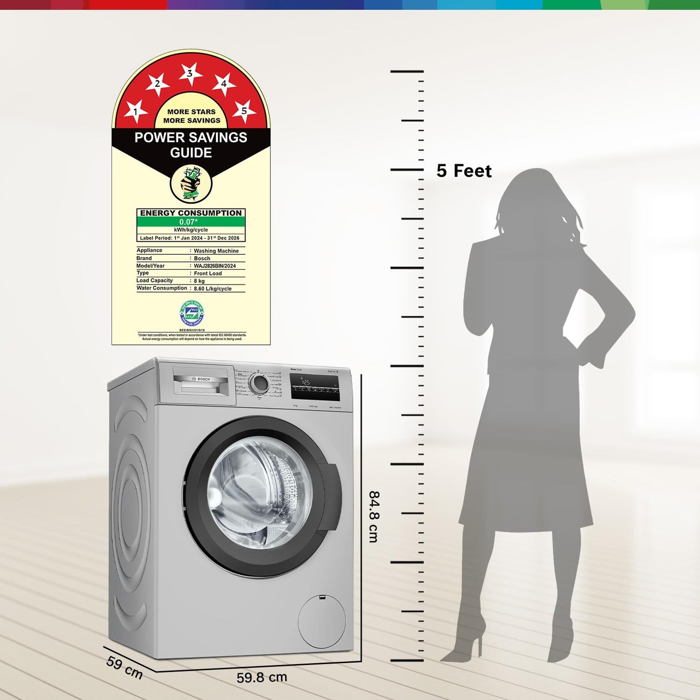 Bosch 8 kg, 5 Star, AI Active Water+, Anti-Tangle, Steam Anti Bacterial, Anti-Wrinkle Fully-Automatic Front Loading Washing Machine (WAJ2826BIN, In-Built Heater, Shiny Silver)