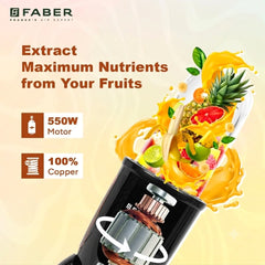 Faber 550W Sportz Blender FSB 5-in-1 Nutrifit Nero|100% Copper Motor|Detachable SS Blade|5 PC Jars 1L+500ML+500ML Mug+30