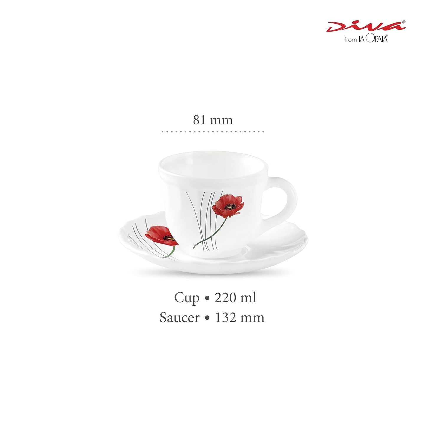La Opala Diva, Opal Glass Crockery | Cup & Saucer Tulip Large, Set of 12 | Soul Passion, 220 ml | for Tea & Coffee | Microwave Safe | 100% Vegetarian | Extra Strong | Super Light | Super White
