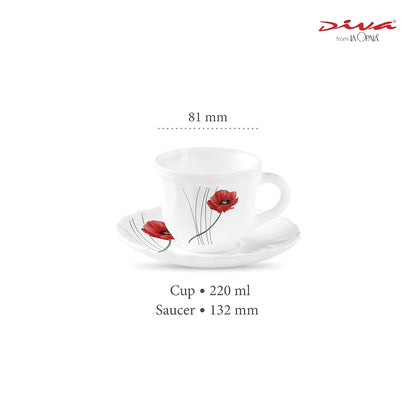 La Opala Diva, Opal Glass Crockery | Cup & Saucer Tulip Large, Set of 12 | Soul Passion, 220 ml | for Tea & Coffee | Microwave Safe | 100% Vegetarian | Extra Strong | Super Light | Super White