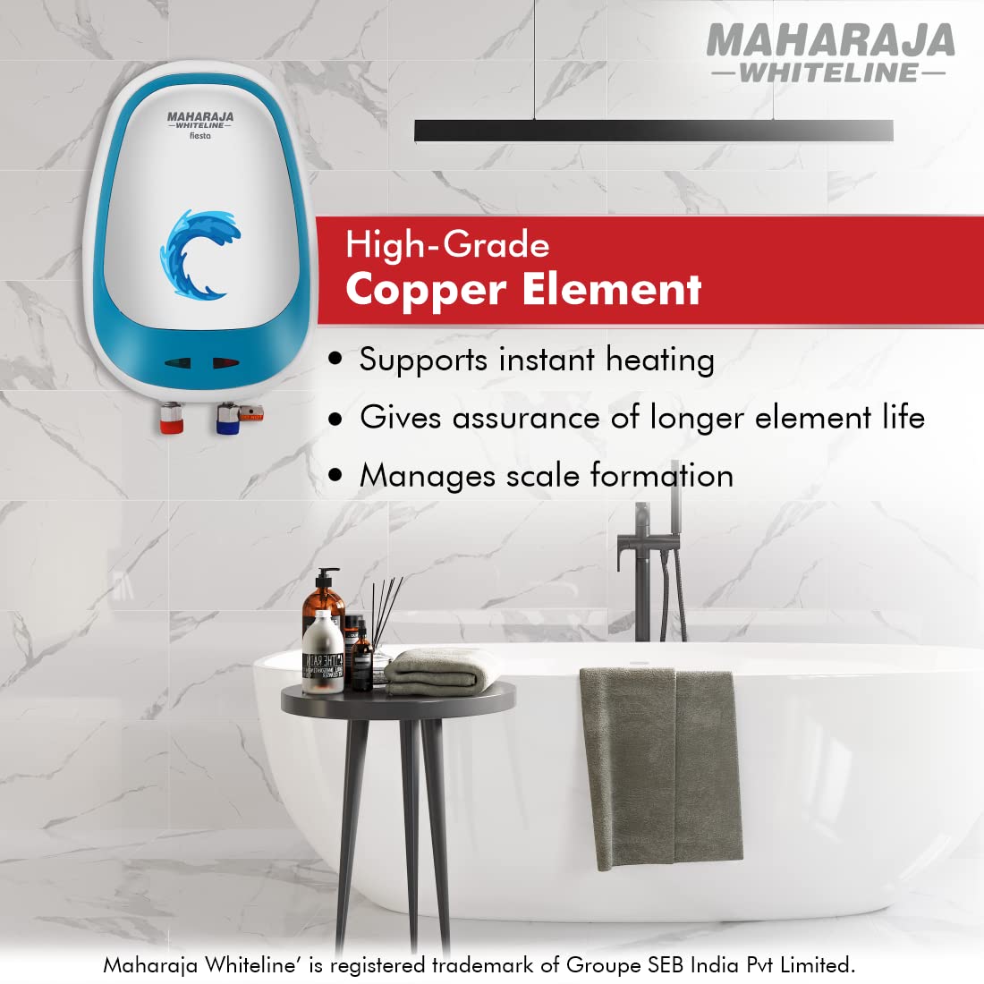 Maharaja Whiteline Fiesta Instant Water Heater, 3 litre, Hi-grade Copper Element, Rust & Shock proof ABS Body, Dual tone - FIESTA / WH-170