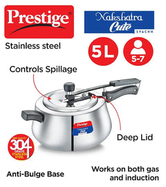 Prestige 5Litre Stainless Steel Nakshatra Cute Svachh Pressure Cooker|Deep Inner lid for spillage control|Induction compatible|3 layers sandwich bottom|Heavy gauge body|5 years warranty|ISI Certified