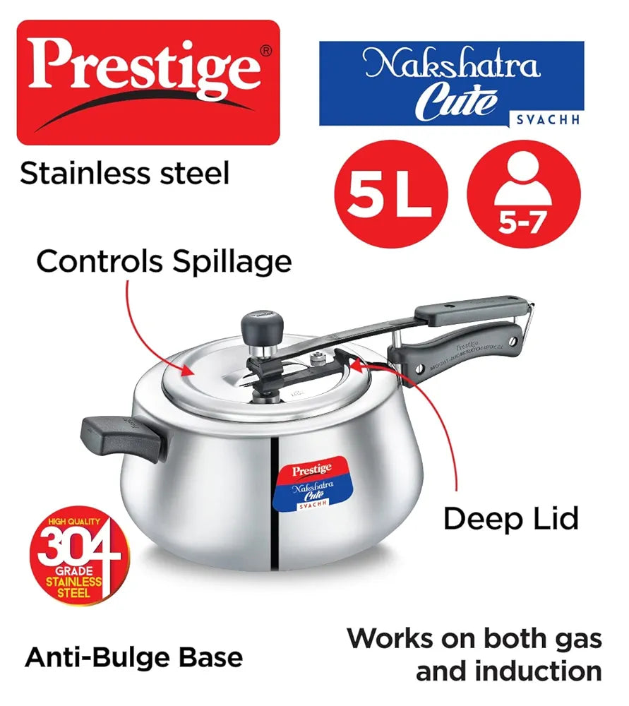 Prestige 5Litre Stainless Steel Nakshatra Cute Svachh Pressure Cooker|Deep Inner lid for spillage control|Induction compatible|3 layers sandwich bottom|Heavy gauge body|5 years warranty|ISI Certified