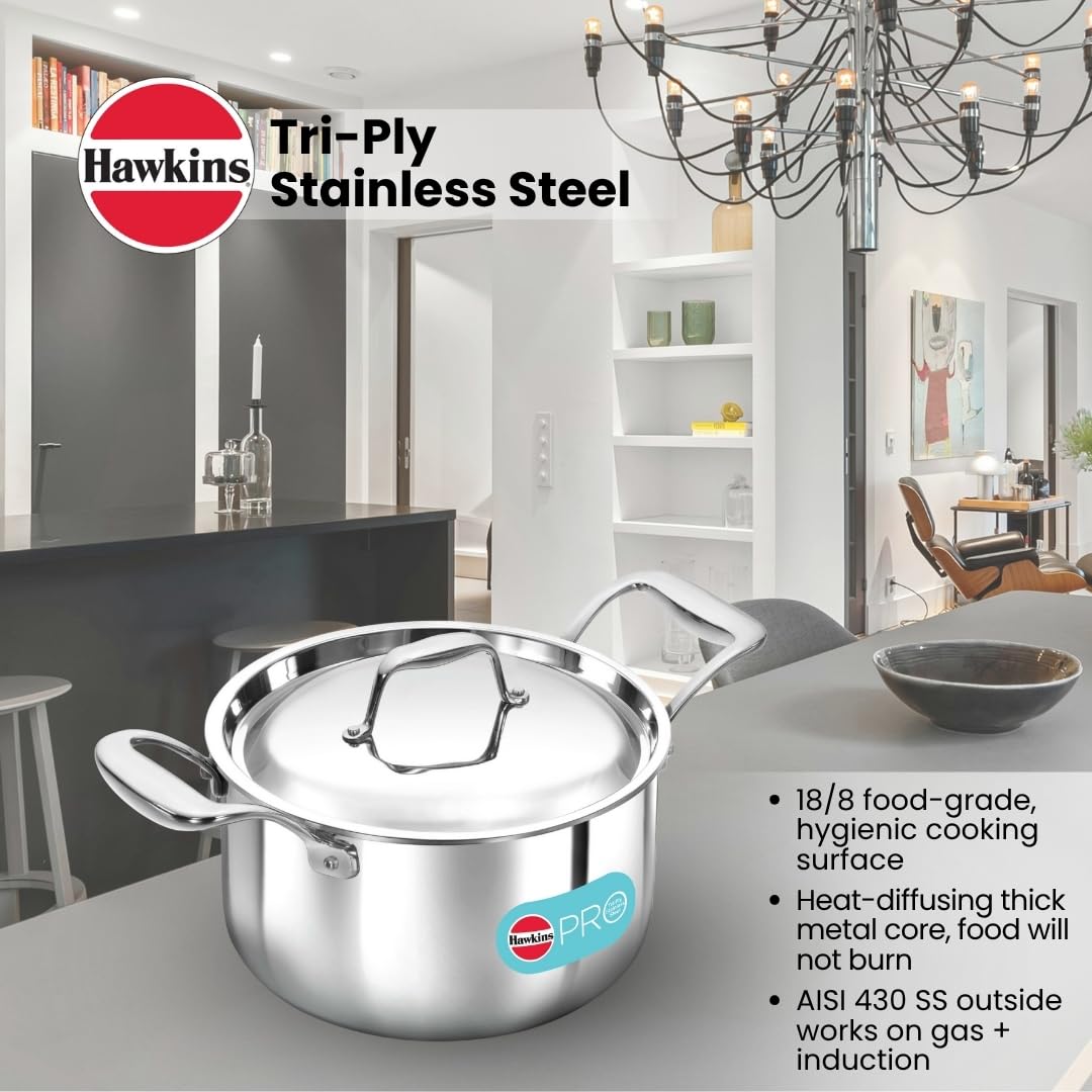 Hawkins 3 Litre Pro TriPly Stainless Steel Milk Pan with Stainless Steel Lid, Milk Pot, Sauce Pan, Silver (PSMP30S)