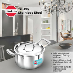 Hawkins 3 Litre Pro TriPly Stainless Steel Milk Pan with Stainless Steel Lid, Milk Pot, Sauce Pan, Silver (PSMP30S)