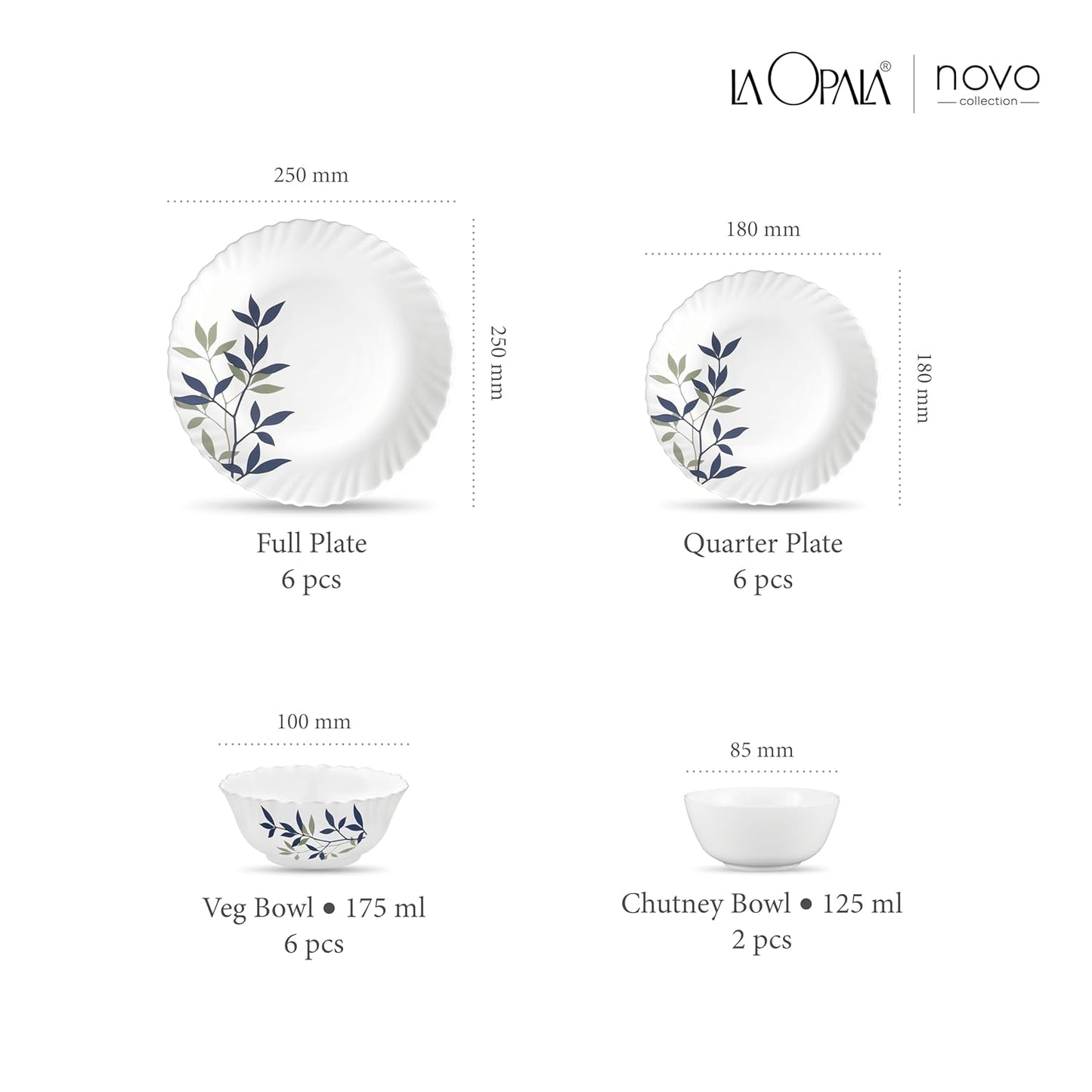 La Opala, Novo Collection, Opal Glass Leaf Dinner Set 20 Pcs, Silken Charm, White