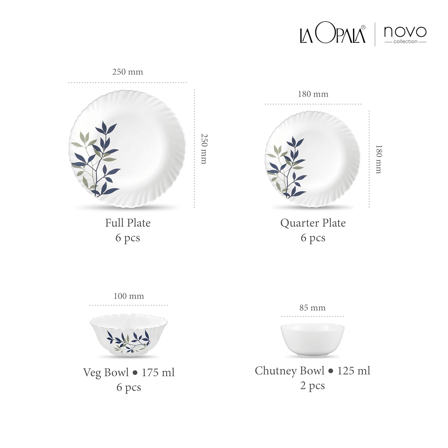 La Opala, Novo Collection, Opal Glass Leaf Dinner Set 20 Pcs, Silken Charm, White