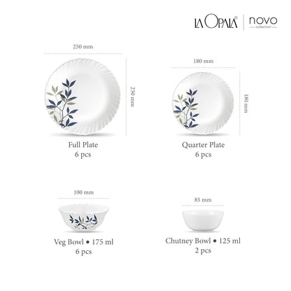 La Opala, Novo Collection, Opal Glass Leaf Dinner Set 20 Pcs, Silken Charm, White